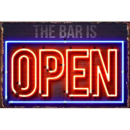 The Bar is Open neon sign