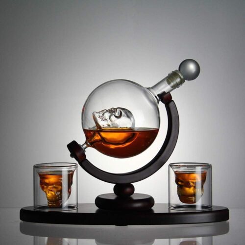 Skull Whiskey Decanter Set with Wooden Base