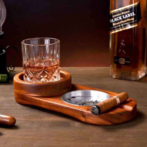 Wooden Whiskey Glass Holder With Ashtray
